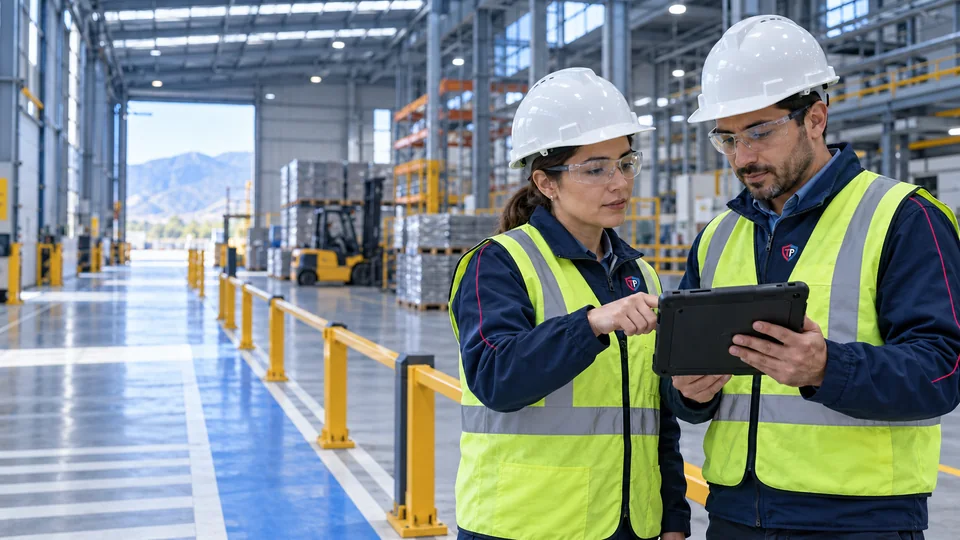 Profesionales de prevención revisando su gestión en una instalación industrial