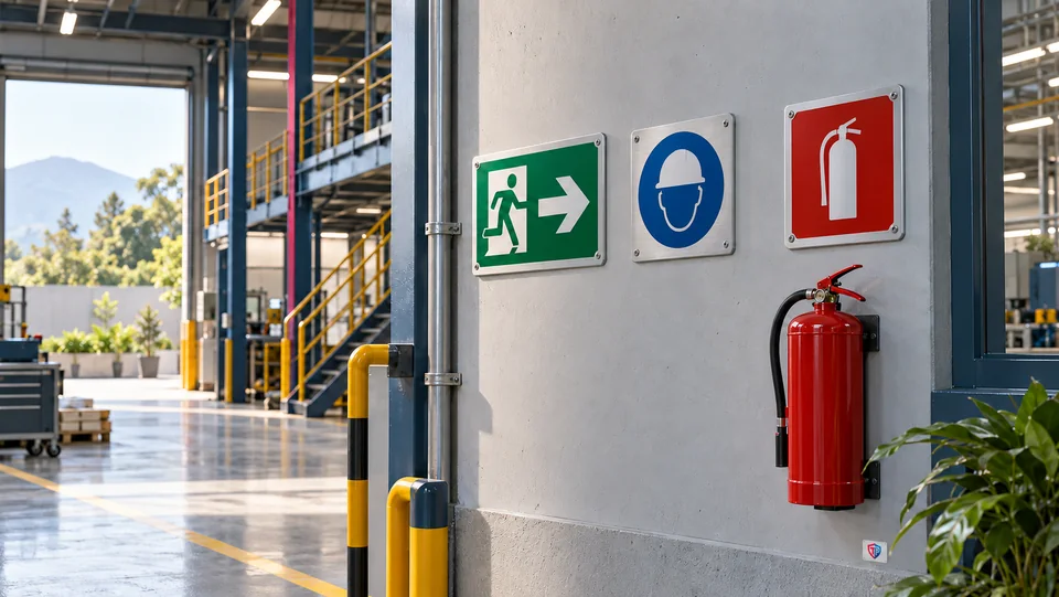 Señalización de evacuación, protección y extinción en un entorno industrial