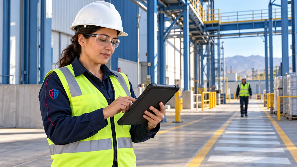 Supervisora completando una revisión preventiva con una tableta